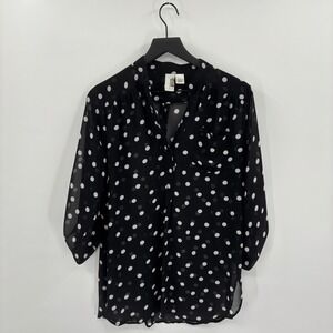 Birdcage Womens Polka Dot Blouse Large Black White Chiffon Roll Tab Sleeve 70s